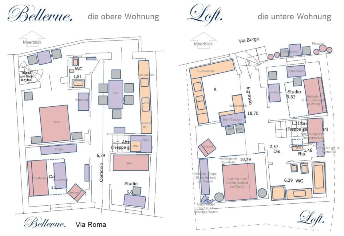 Grundriss des Lofts als Handzeichnung mit Möbeln und Maßen: Küche, Studio mit Schreibtisch, Bett, Bad.